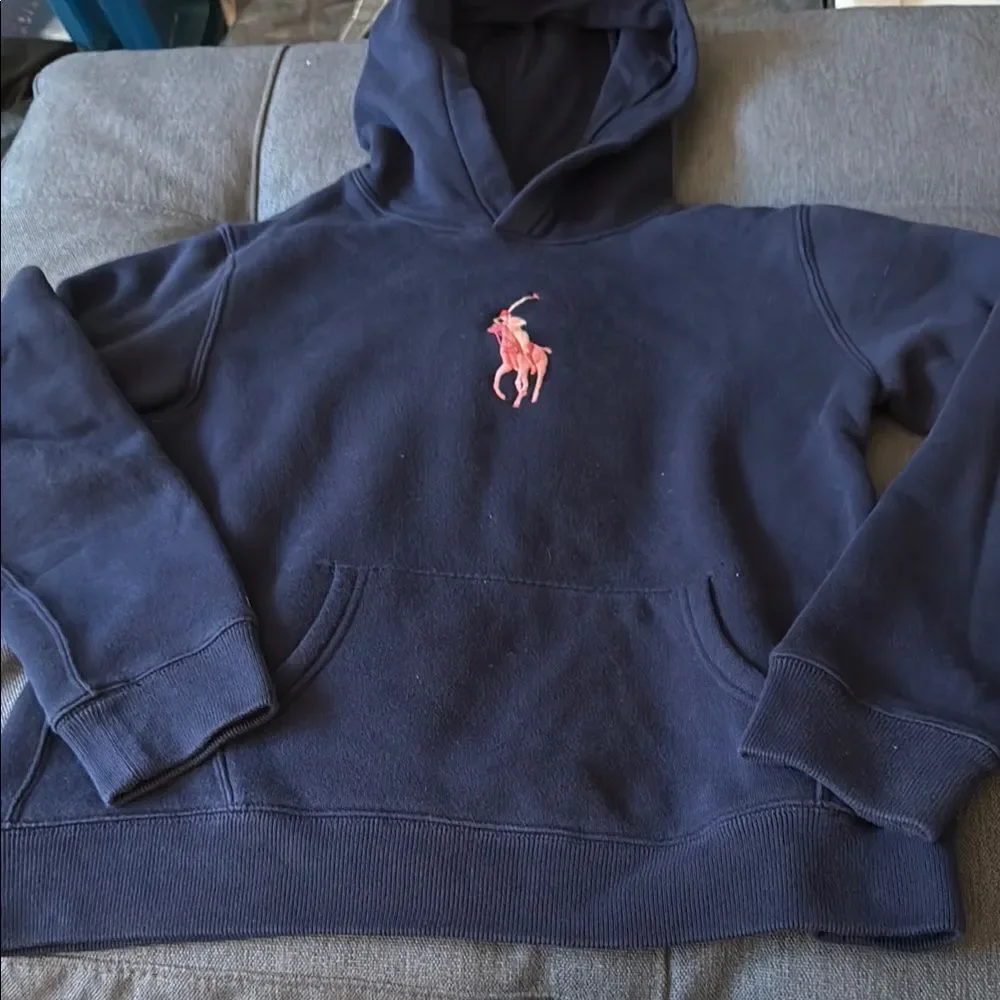 Ralph Lauren Girls Pink Pony Hoodie in Navy Blue. Size Large (14-16).